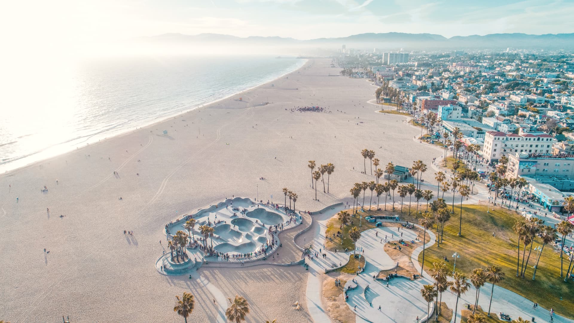 Venice Beach skatepark and boardwalk from above