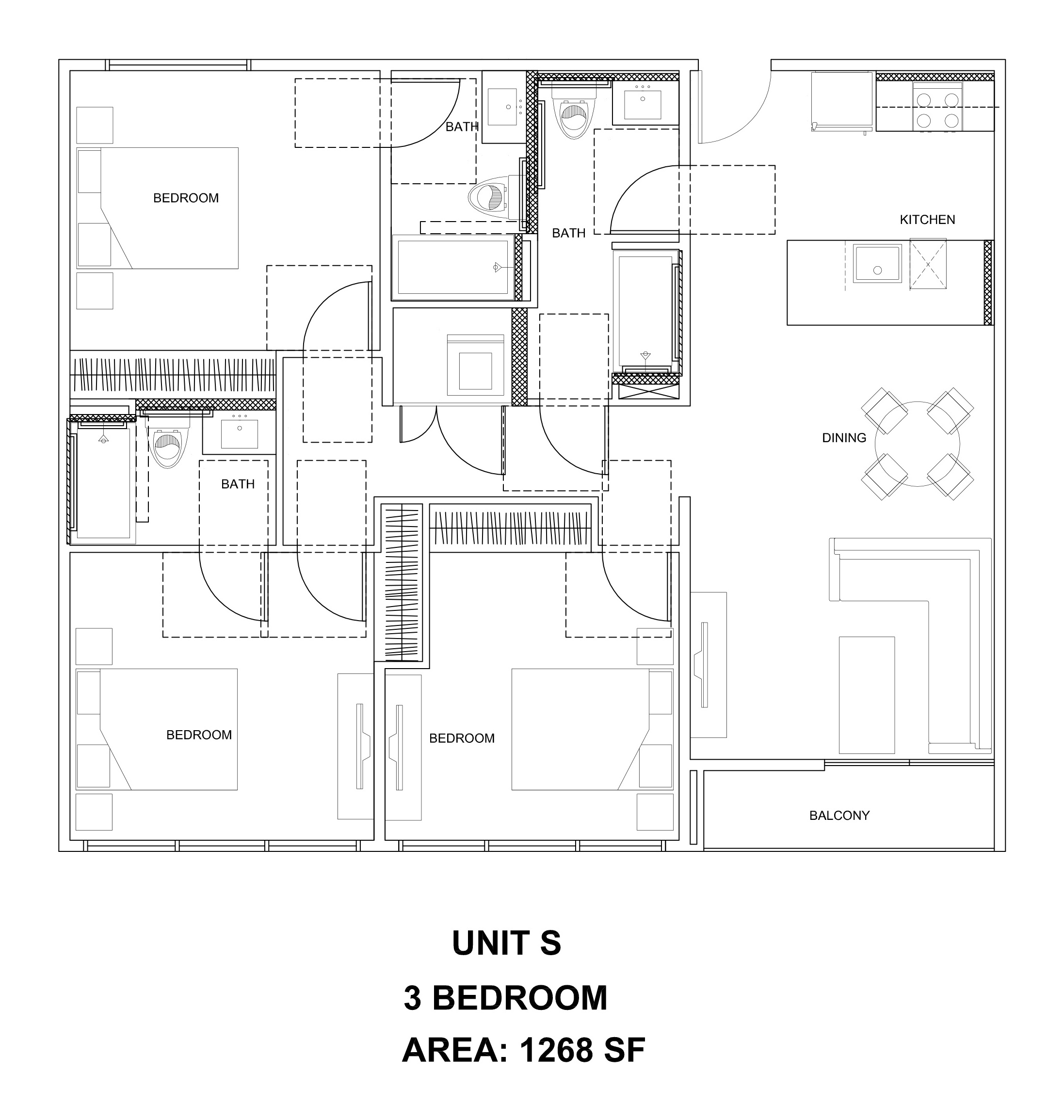 Unit S — 1,268 SF floor plan